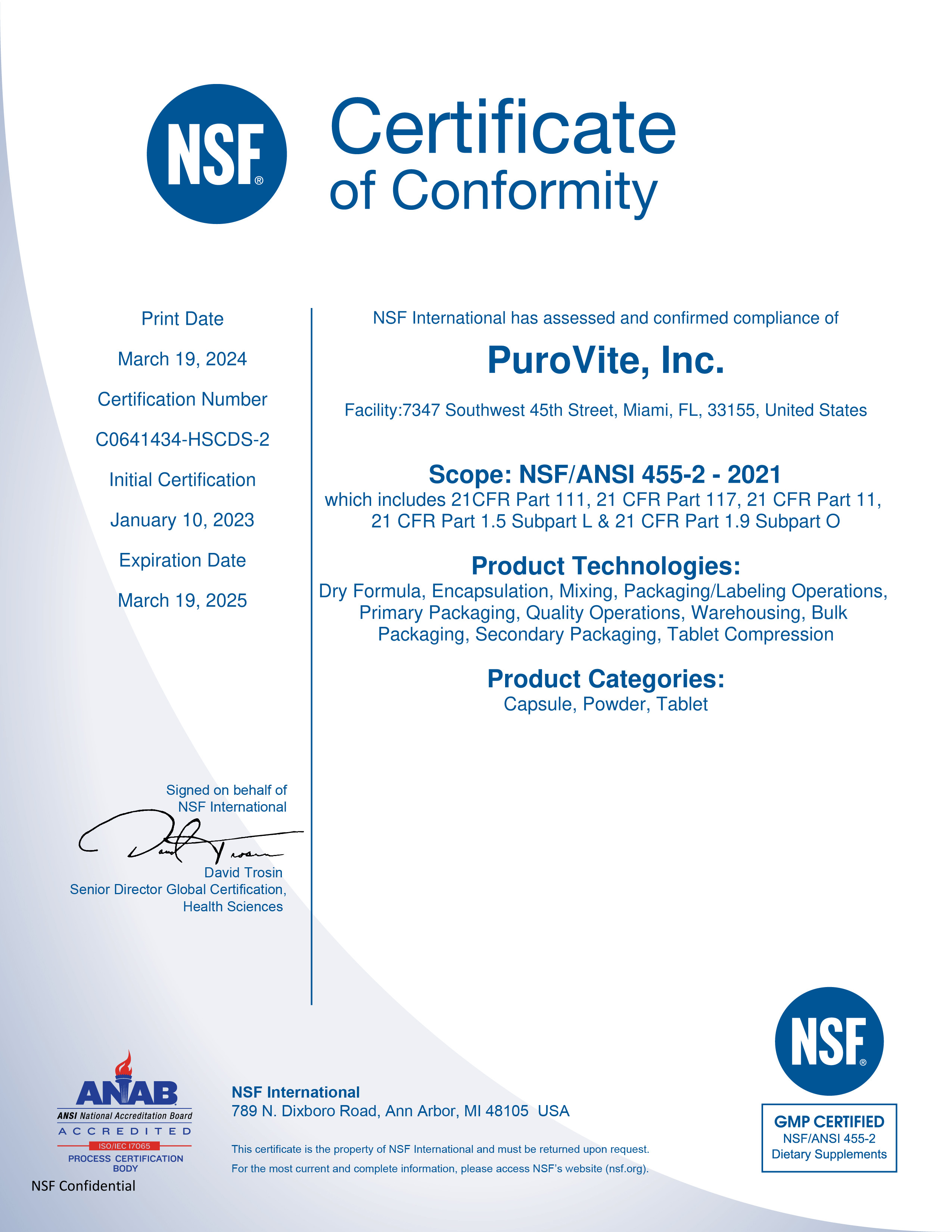 NSF certificate for Good Manufacturing Practices for Dietary Supplements